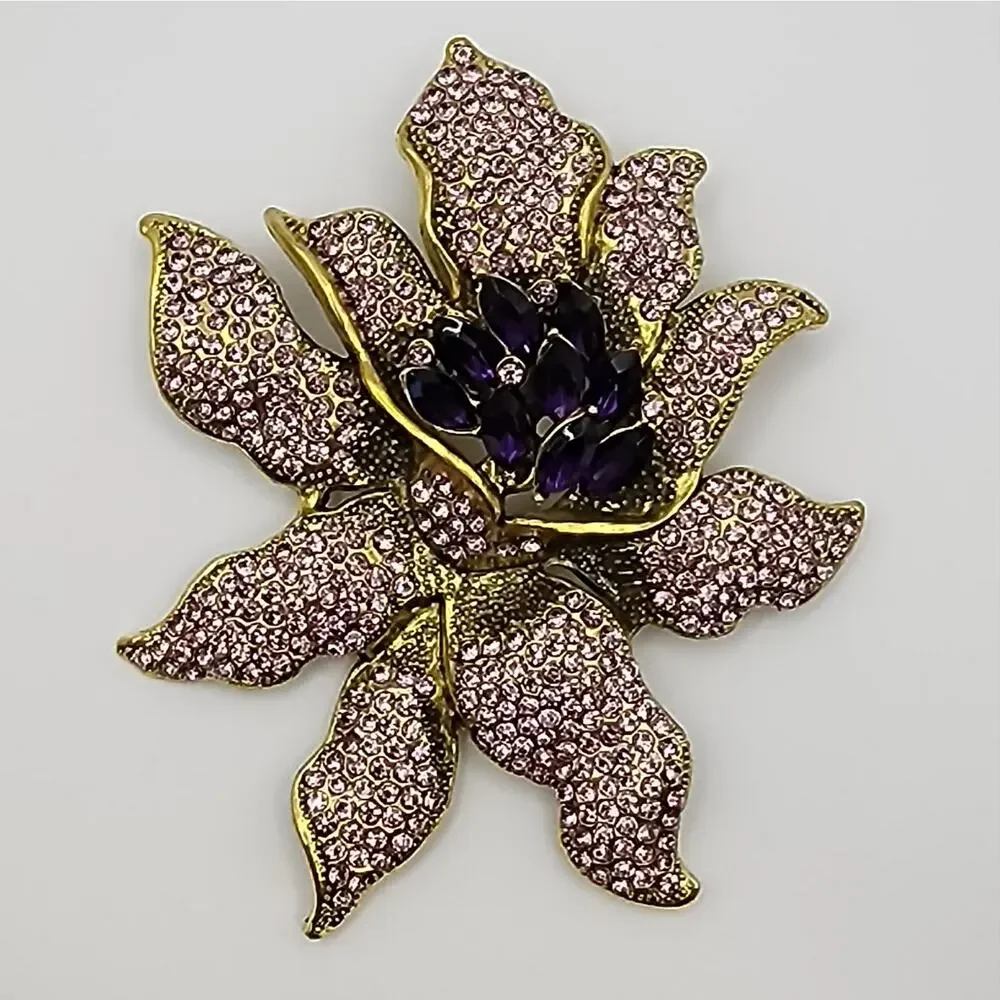Orchid Flower Rhinestone Brooch Gorgeous Purple Color Stones Faux Jewel